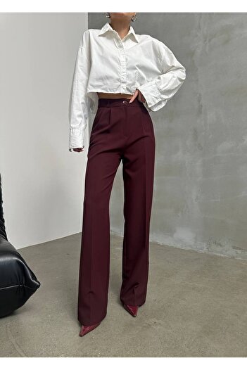 Bak'ap High Waist Pleated Plaszo Burgundy Fabric Pants