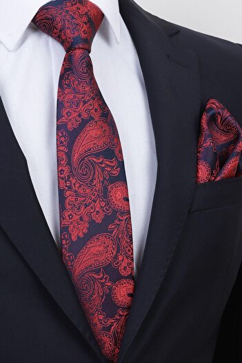Esgue Handmade 7.5 cm Red Navy Blue Drop Pattern Handkerchief Tie