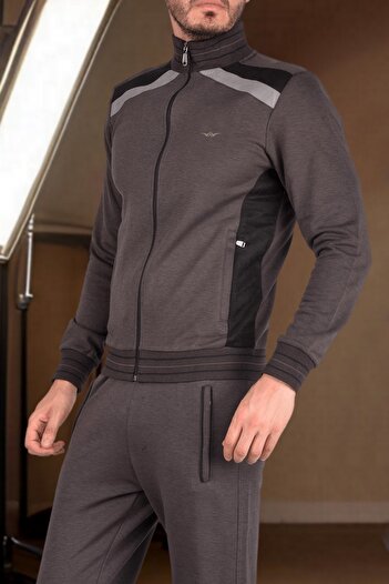 BESSA Men's Smoked Tracksuit Set Suede Detailed Zippered Pocket Straight Leg Inside