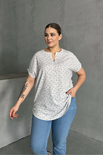 Stil Diva Plus Size Notch V Neck Short Sleeve Polka Dot Print Blouse 303866