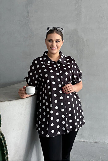 Stil Diva Plus Size Button Front Short Sleeve Polka Dot Print Shirt 303460