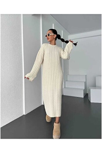 KNİTİCAL TEKSTİL Dress Bisiklet Yaka Örgü Desen Uzun Triko Elbise