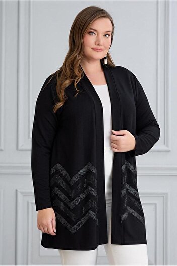FOR ESRA BIG TREND Women's Large Size Zigzag Stone and Print Pattern Front Open Stretchy Viscose Cardigan
