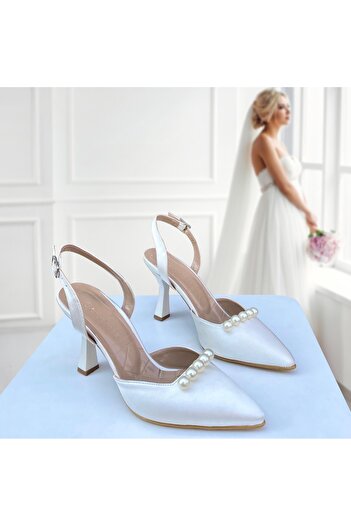 Gloriys Ayakkabı & Çanta Mother of Pearl Satin Pearls 9 cm Heel Shoes 01243