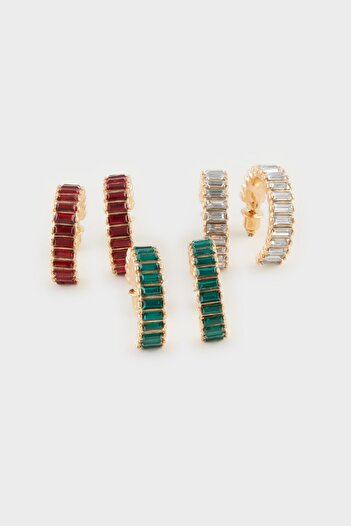 DeFacto Women's Colorful Stone Hoop 3-Piece Earrings E1451Axns