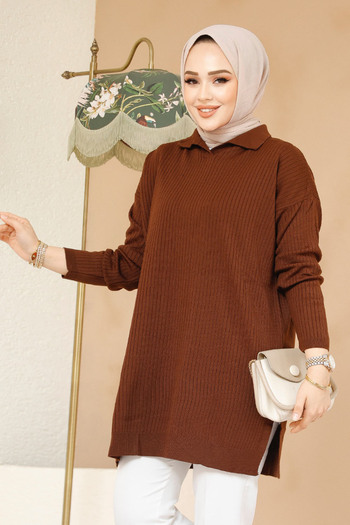 Neva Style Ribbed Brown Hijab Knitwear Tunic 65903Kh