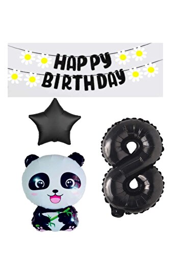 PARTY STORE Black Panda Banner - Birthday Party Set with Star Numbers, Age 8