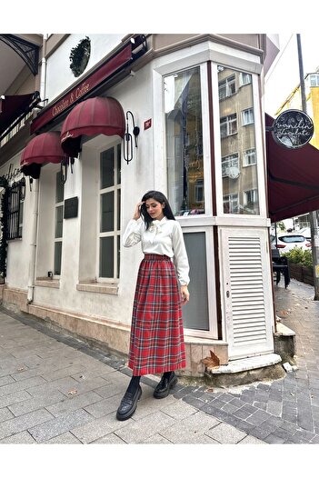KÜÇÜĞÜM BUTİK Kırmızı Ekose Belden Büzgülü Uzun Etek