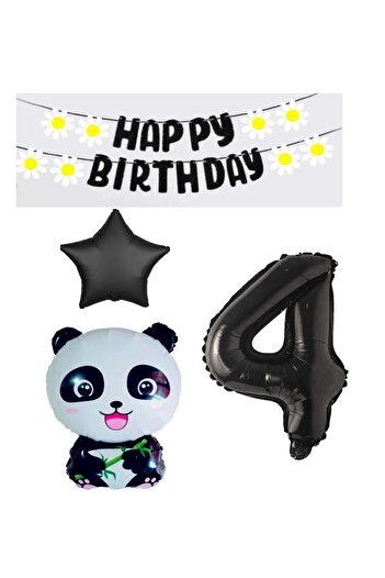 STAR PARTY Age 4 Panda Birthday Party Set - Star Black Banner, Star Figure