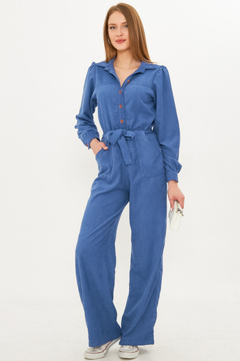 armonika Indigo Velvet Jumpsuit - Front Button, Pocket and Belt Arm-25K 001084