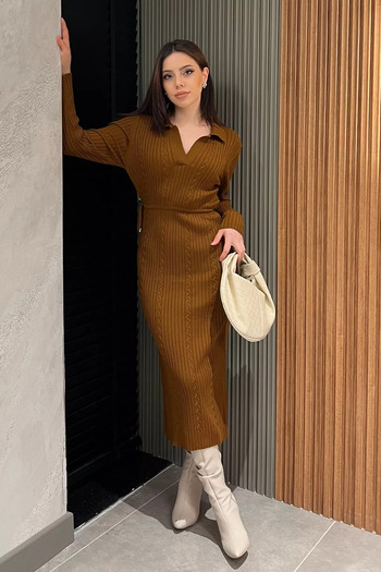 GÜLSELİ Women's Long Knitwear Dress - Brick Color, Polo Collar and Waist Tie
