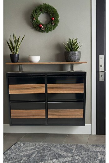 Formet Tablalı 4'lü MDF Kaplamalı Metal Ayakkabılık - Siyah Natural Ceviz