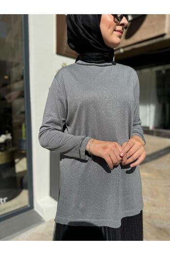 Venöve Gray Alava Knitwear Tunic - Glitter Collar with Stone Detail
