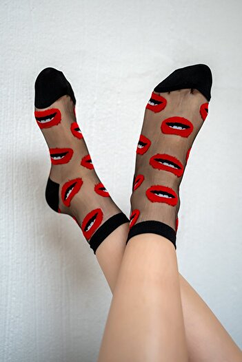 LAMİNTA Black Tulle Women's Socks with Lip Pattern
