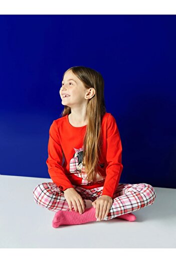 LC Waikiki LCW Kids Kırmızı Bisiklet Yaka Baskılı Uzun Kollu Kız Çocuk Pijama Takımı