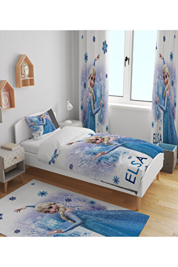 EVSEHOMES Set de cameră pentru copii Elsa cu imprimare digitală (perdele telefonică - cuvertură de pat și pernă - covor 100x160)
