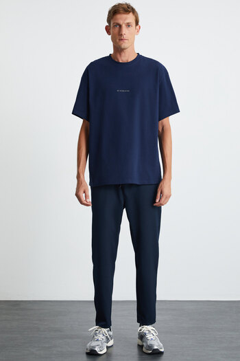 GRIMELANGE River Ανδρικό μπλουζάκι Oversize Fit Loose Cut Κεντημένο Basic πλεκτό Navy Blue