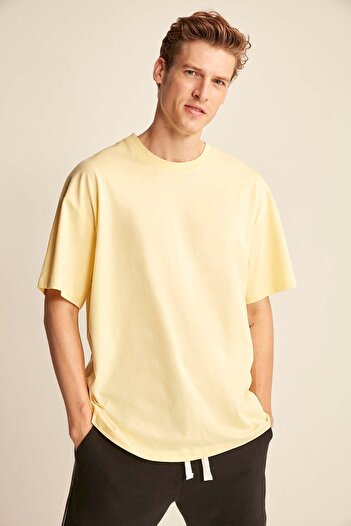 GRIMELANGE Jett Erkek Oversize Fit %100 Organik Pamuk Kalın Dokulu Bisiklet Yakalı Sarı T-shirt