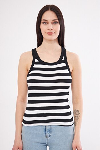 MODA Women's Striped Ribbed T-shirt Halter Neck Knitted Tank Top