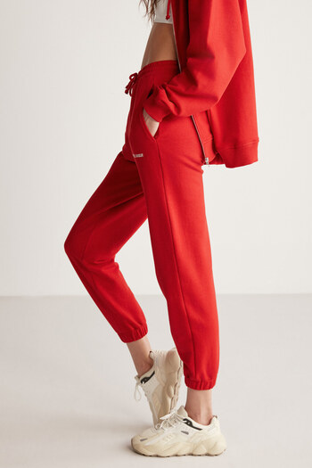 GRIMELANGE Carrolıne Damen-Sweatpants mit entspanntem Schnitt, Stickerei, elastischer Taille und Beinen in Rot