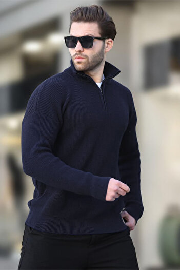 Madmext Navy Blue Zipper Collar Knitwear Men's Sweater E7295