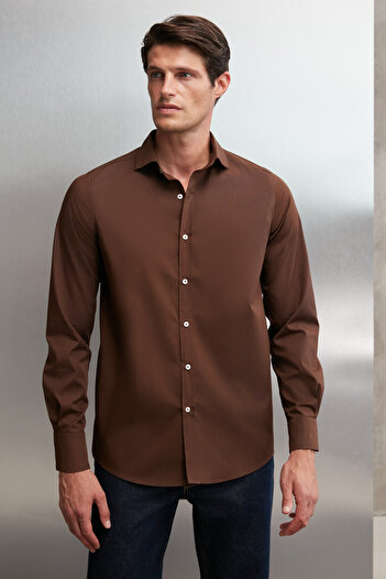 GRIMELANGE Carlsten Men's Slim Fit Italian Collar 100% Cotton Poplin Bitter Brown Shirt