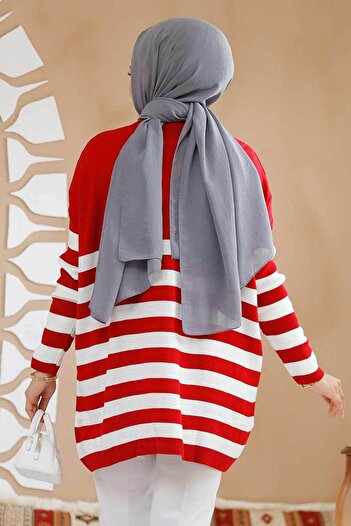 Neva Style Şerit Çizgili Kırmızı Tesettür Triko Kazak Tunik 5325K