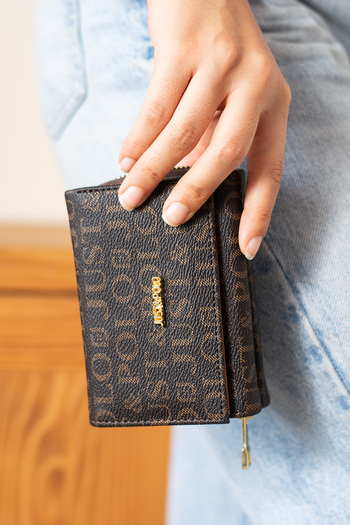 Just Polo Women's Brown 6 Card 1 Id Compartment Embossed Printed Snap Fastener and Zipper Closure Vegan Wallet