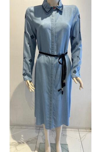 Kayra Shirt Collar Long Tunic with Embroidery Cuffs Button
