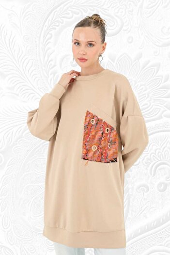 Puane Women's Crew Neck Scuba Fabric Shiny Pocket Detailed Tunic