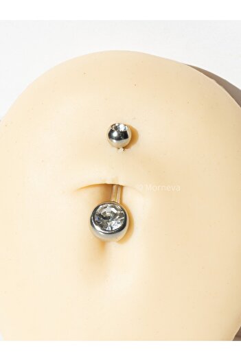 MORNEVA Cerrahi Çelik | İki Tarafı Taşlı Basic Minimal Göbek Belly Piercingi (1 Adet)