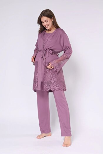 Hamile Tekstil Mürdüm Dantelli Tasarım Sabahlıklı Lohusa Pijama Takımı