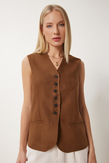 Happiness İstanbul Women's Tan V-Neck Nubuck Vest Fn03387