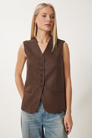 Happiness İstanbul Women's Brown V-Neck Nubuck Vest Fn03387