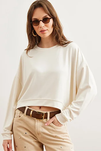 Olalook Premium Ecru Modal Button Oversize Women's Sweatshirt - Swt- 19000713