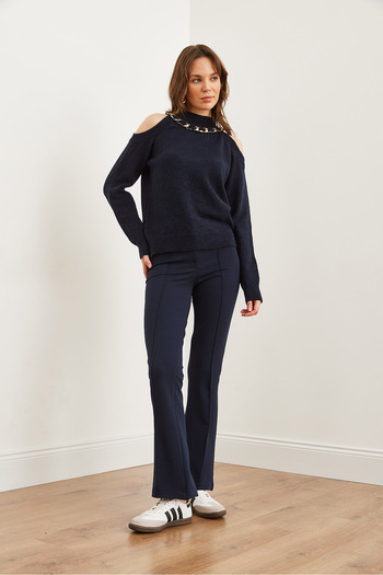 Olalook Women's Navy Blue Single Button Front Stitched Stretchy Pants Pnt- 19000310