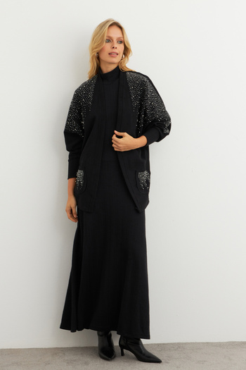Cool & Modest Women's Black Stone Detailed Cardigan - Mpk813