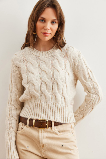 Olalook Women's Ecru Thick Hair Braided Knitwear Sweater Kzk- 19000939