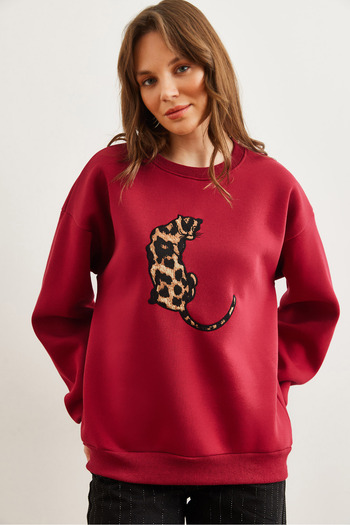Olalook Women's Burgundy Leopard Applique Raster Oversize Sweatshirt Swt- 19000698