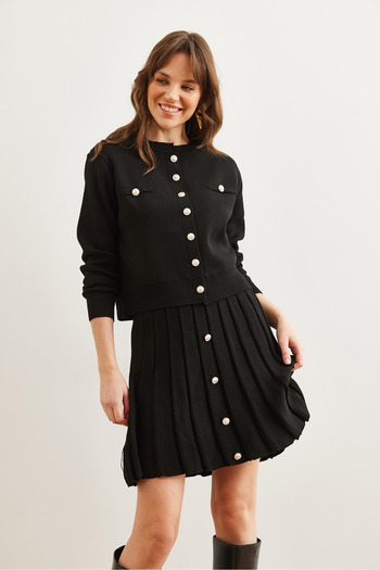 Olalook Women's Black Button Detailed Top Cardigan Bottom Pleated Skirt Knitwear Set Tkm- 19000332
