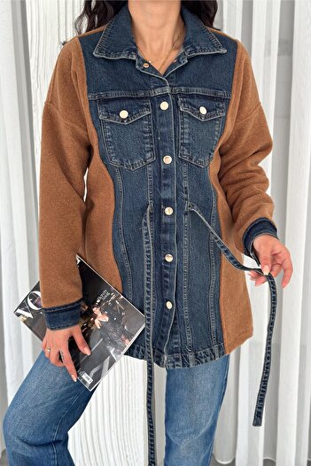 FEMELLE Women's Waist Belted Buttoned Denim Jacket