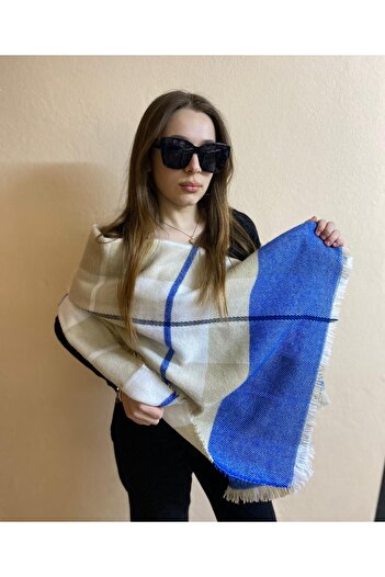 sema aksesuar New Year's New Year's Gift Blue Mink Checkered Shawl - Wide Tufted Scarf Shoulder Shawl