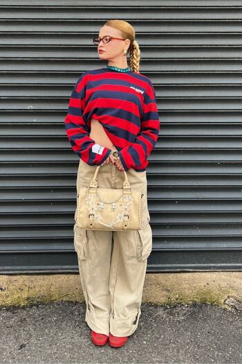 bases. Μακρυμάνικο μπλουζάκι κόκκινο Navy Blue ριγέ Oversize