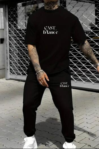 NO 601 Men's Black Cast Balance Printed Sweatshirt Tracksuit Set