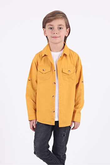 Pollito Boy's 2-Pocket Cotton Mustard Shirt T-Shirt Set of 2
