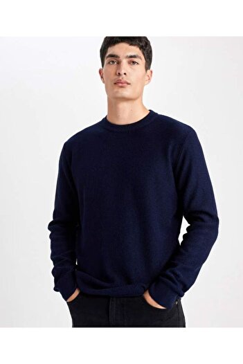 Lonca Tekstil Navy Blue Men's Regular Cut Crew Neck Basic Plain Knitwear Sweater