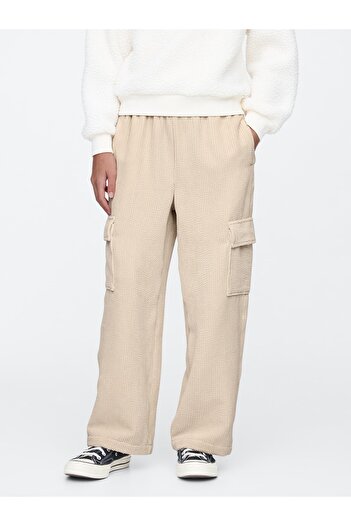GAP Kız Çocuk Bej Wide-Leg Kadife Pull-On Kargo Pantolon