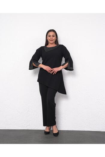 Butik Nilyam Women's Plus Size Glitter Scarf Collar Detail Blouse Stretchy Pants Evening Dress Suit 24514