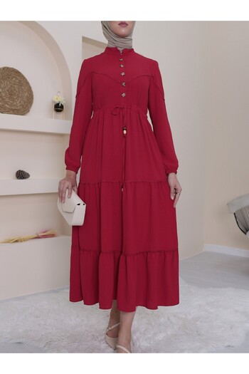 Modamorfo Parted Lace up Dress with Half Buttons -Red