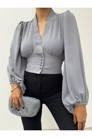 Modamorfo Buttoned Balloon Sleeve Sandy Crop with Elastic Back - Gray
